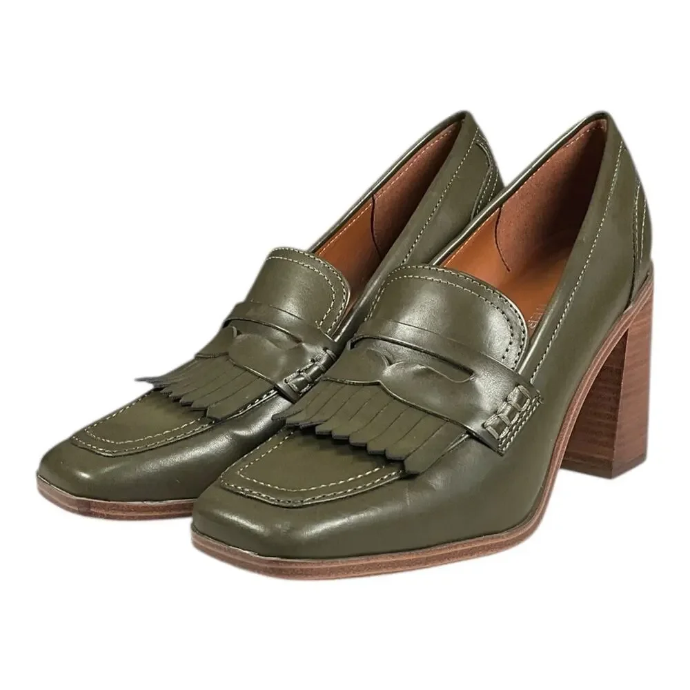 Marc Fisher Olive Green Chunky Heel Loafer Pumps Size 7.5 Fringe Preppy Block